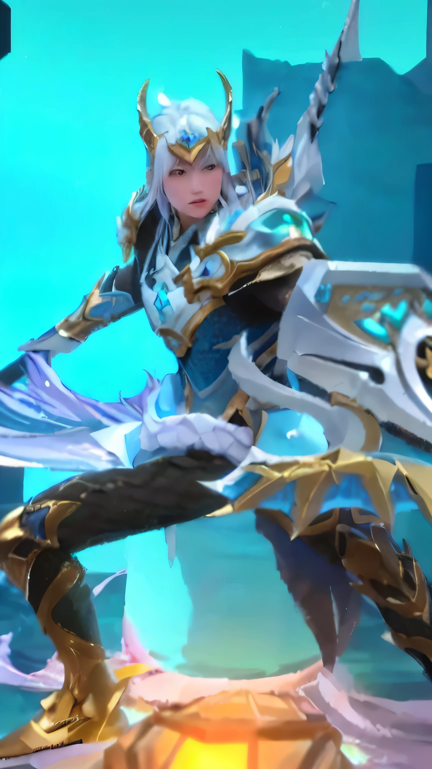 a close up of a person holding a sword in a game, keqing from genshin impact, sliver ice color reflected armor, with leviathan axe, portrait of mermaid warrior, inspired by Huang Shen, heise jinyao, silvery skinned male elf, mystical atlantean valkyrie, zhongli from genshin impact, crystalline skin, male medusa