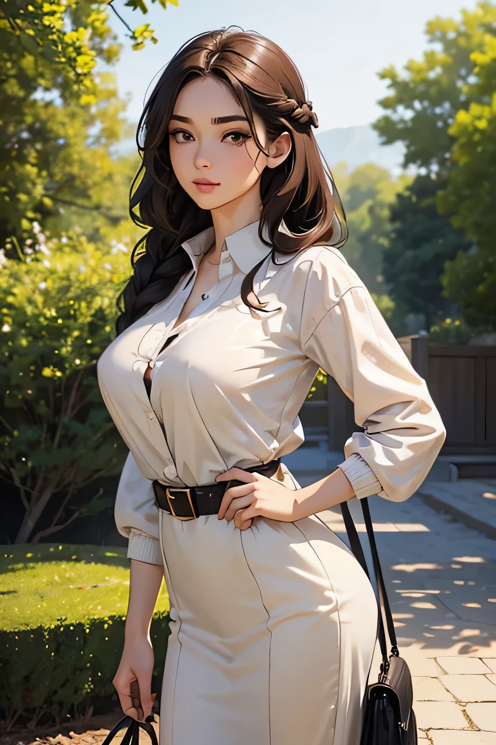highest quality、High resolution、Detailed Background、(Beautiful face in every detail:1.4)、Anatomically correct、(Draw the usual number of fingers:1.2)、(Detailed facial expressions)、(Detailed eyes:1.2)、(Detailed eyes:1.2)、Beautiful, smooth skin、Beautiful women in their 20s、(Huge breasts:1.2)、(Highly detailed face:1.4)、Brown Hair、Black Hair、Braided long hair、Wavy Hairstyle、Cute hairstyle、well-groomed eyebrows、Perfect body line、Calm atmosphere、Express yourself with confidence、cute gesture、He looks at me with a very trusting expression.、Outdoor Shot、Cowboy Shot、

Choose a midi-length floral dresark the waist with a belt、Tightens the silhouette、
By putting on a cardigan in a calm tone、Adds elegance、
Match it with a bag and pumps in a neutral color.、Putting it all together、very beautiful