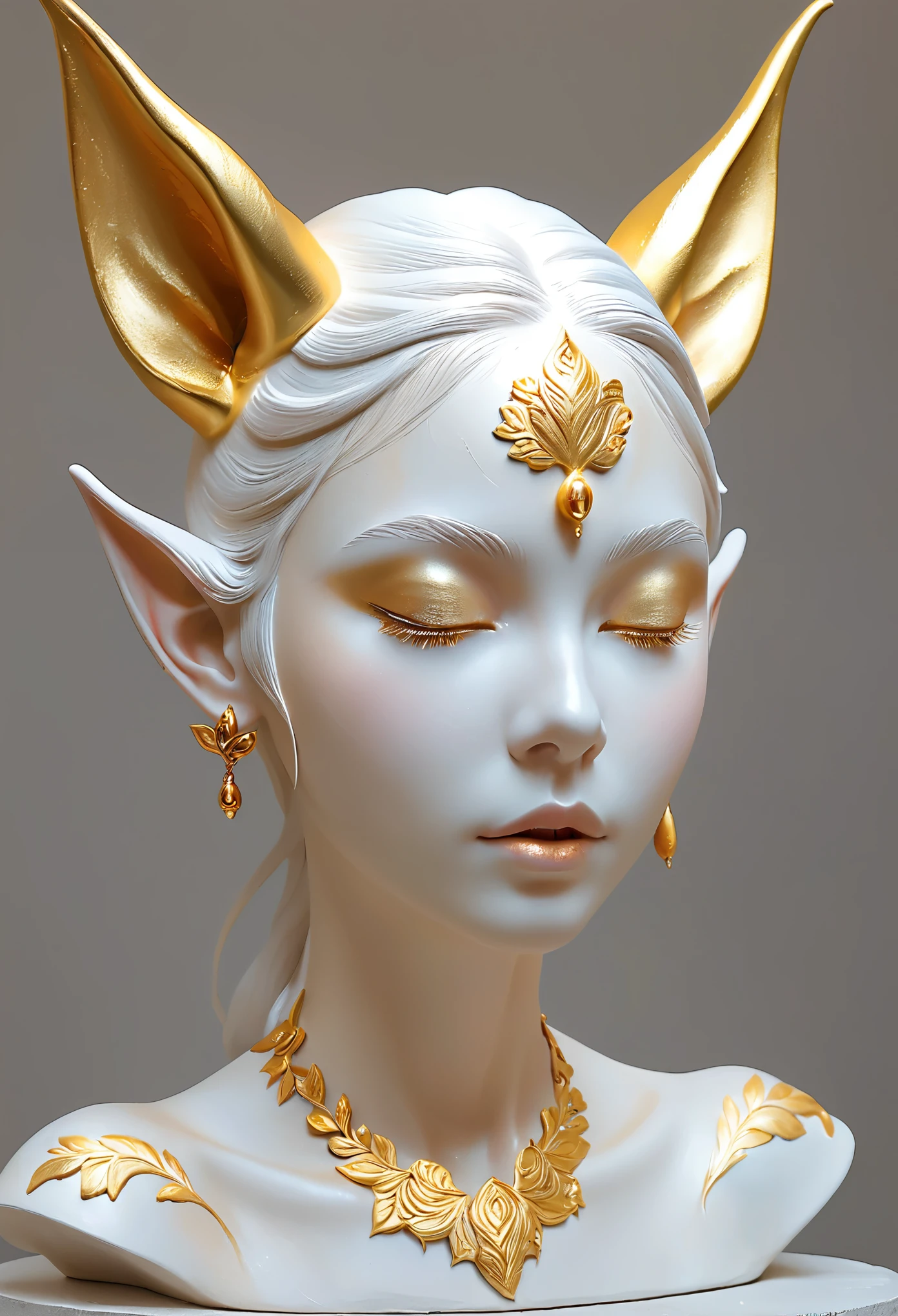 Beautifully decorated，Artistic ornaments，crafts，3D Sculpture，White clay statue，Rough surface，Graininess，grace，Elf ears，Artistic beauty，Tracing gold，Gold，Golden powder，Artistic Creativity：1.37