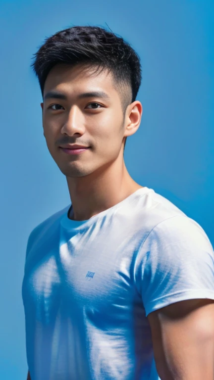 (((male))), 36 years old, Japanese, HD, True-to-life imagery, Upper body composition, The face is illuminated, Black short straight hair, Sharp eyebrows, Squinting,With a hint of cunning, Pointed nose, Thin lips smile, Wearing a light blue round-neck T-shirt,Roll up your sleeves,, Background is a modern office environment,