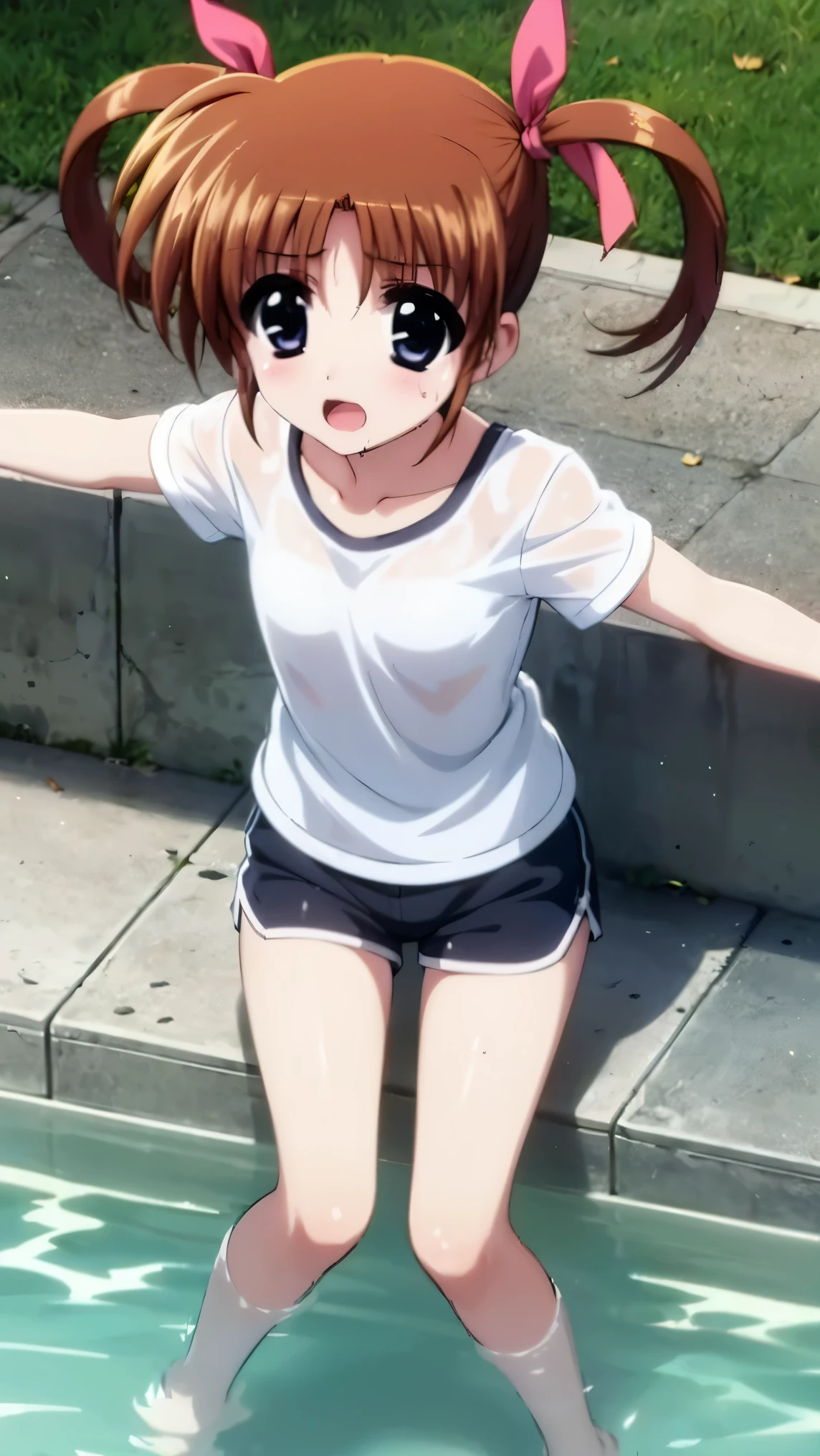 highest quality,best quality,1girl,(((()))),flat chest,orgasm,blush, sweat, Nanoha Takamachi,twintail,hair ribbon,white shirt,dolphin shorts,full body,wet,see through