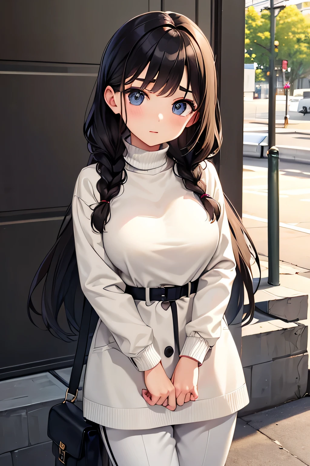highest quality、High resolution、Detailed Background、(Beautiful face in every detail:1.4)、Anatomically correct、(Draw the usual number of fingers:1.2)、(Detailed facial expressions)、(Detailed eyes:1.2)、(Detailed eyes:1.2)、Beautiful, smooth skin、Beautiful women in their 20s、(Huge breasts:1.2)、(Highly detailed face:1.4)、Brown Hair、Black Hair、Braided long hair、Wavy Hairstyle、Cute hairstyle、well-groomed eyebrows、Perfect body line、Calm atmosphere、Express yourself with confidence、cute gesture、He looks at me with a very trusting expression.、Outdoor Shot、Cowboy Shot、
Pair a neutral turtleneck sweater with tapered pants.、
Wear a trench coat with sharp lines、Gives off an urban vibe、
Pair it with minimalist accessories and bags.、Gives a modern impression、
Wear sneakers or ankle boots、Combines casual and sophisticated style、very beautiful