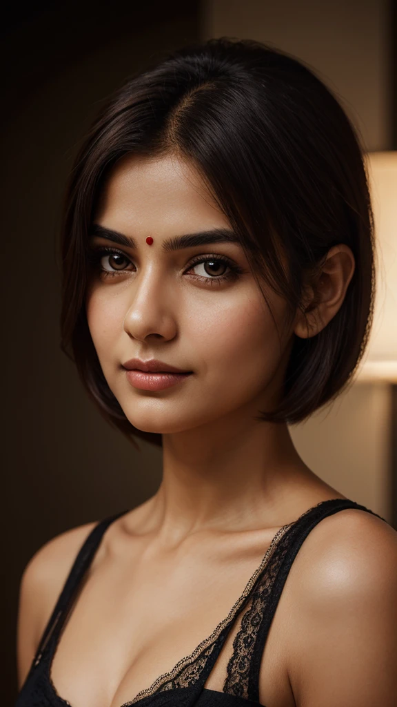 craft a hyper realistic vertical photo of Indian most attractive serious woman in her 20s in panty, trending on artstation, portrait, digital art, modern, sleek, highly detailed, formal, serious, determined, CEO, colorized, smooth, charming, pretty, soft smile, soft lips, black eyes, Trendsetter wolf cut brown hair,