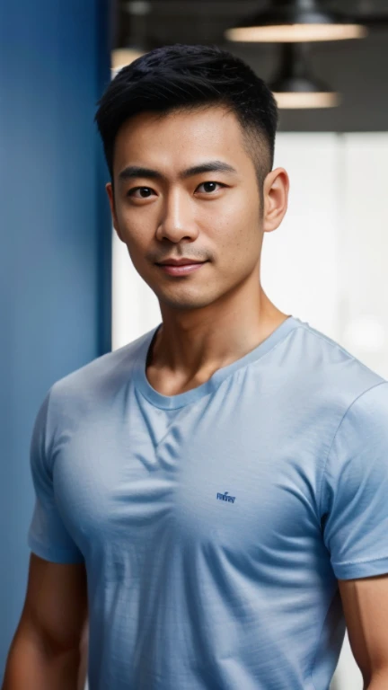 (((male))), 36 years old, Japanese, HD, True-to-life imagery, Upper body composition, The face is illuminated, Black short straight hair, Sharp eyebrows, Squinting,With a hint of cunning, Pointed nose, Thin lips smile, Wearing a light blue round-neck T-shirt,Roll up your sleeves,, Background is a modern office environment,