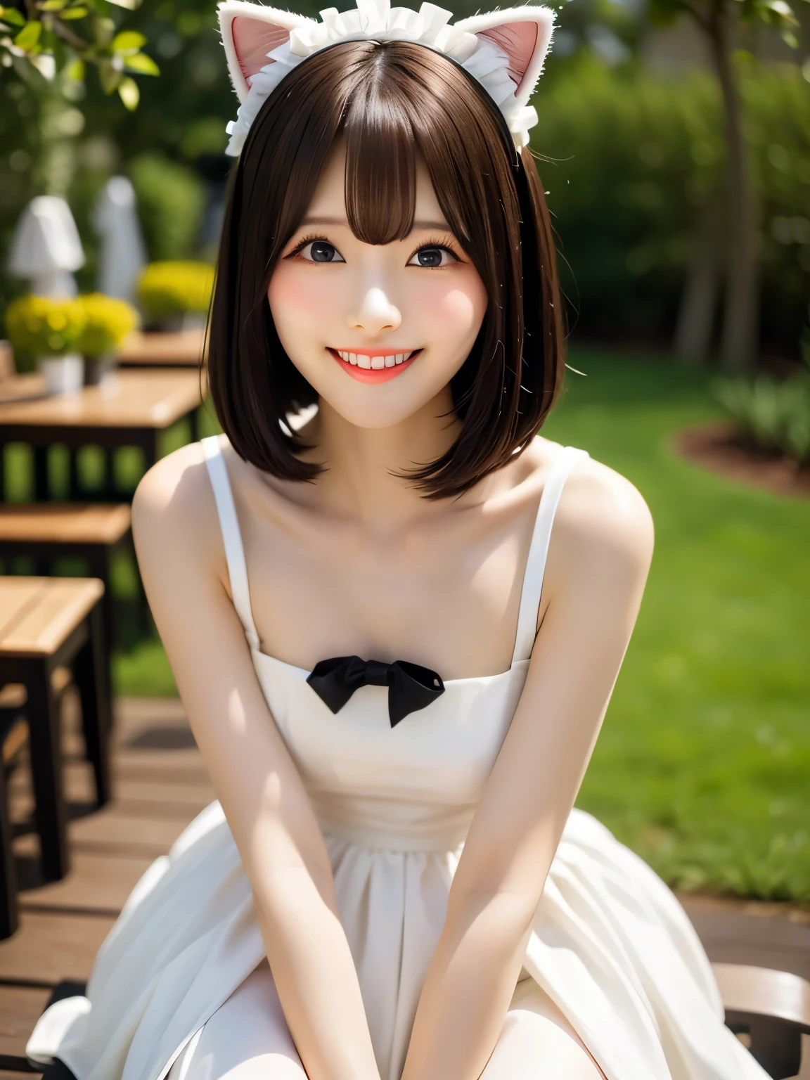 (highest quality、table top、8K、best image quality、Award-winning work)、(eye shadow:1.2)、Beautiful and delicate portrait of a playful cute girl with boyish short hair, Mischievous Smile, ,Black Hair, white Maid clothes、Cat ears on the head、Emerald Green Sea, Dancing Petals, full body shot , dancing perfect makeup、long eyelashes、Super high-definition sparkling eyes、ultra high definition hair、ultra high resolution glossy lips、Super high resolution perfect teeth、Super high resolution cute face、brown hair、look at me and smile、[clavicle]、(accurate anatomy:1.1),god rays, backlighting, nerumin