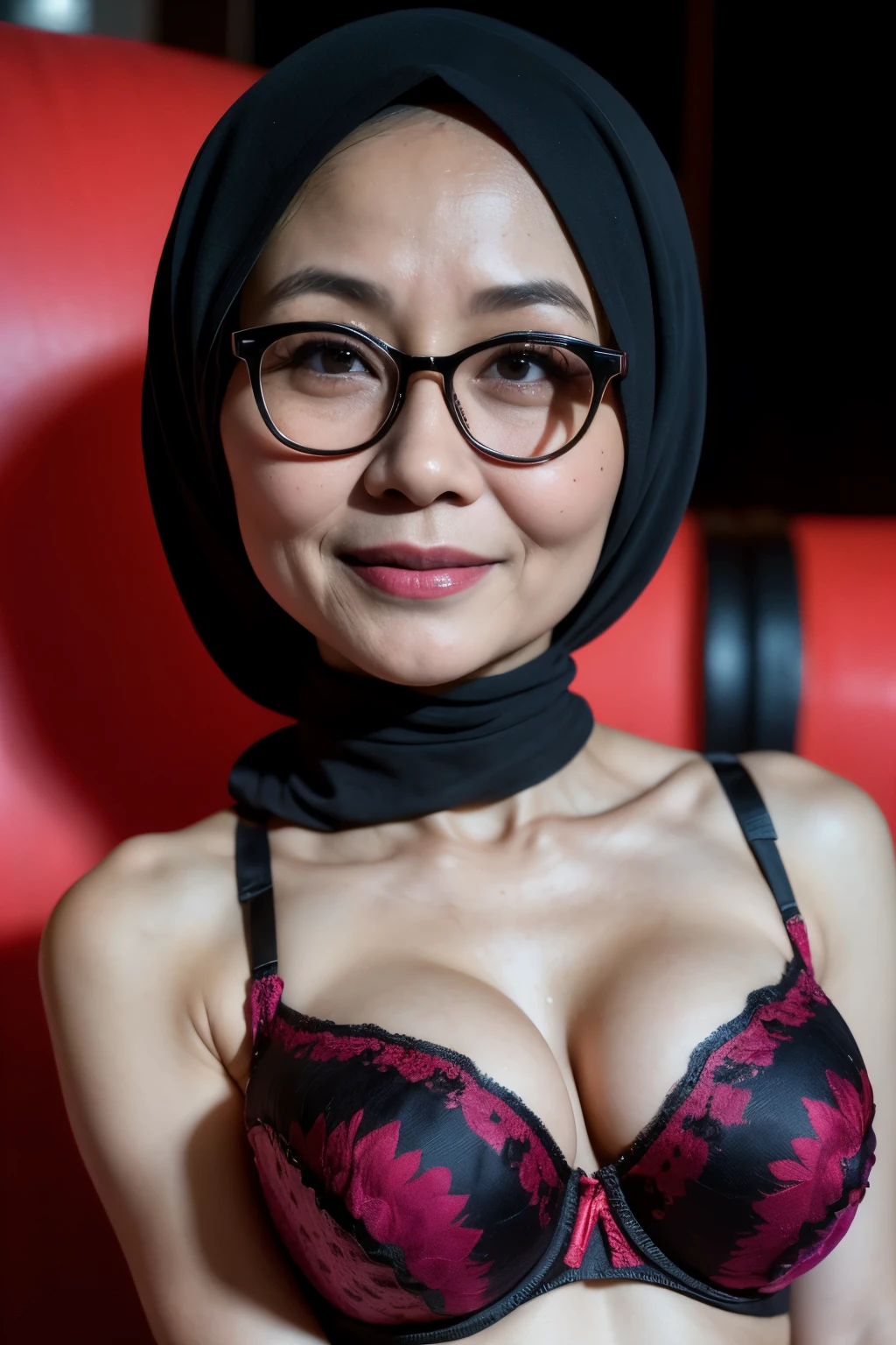 Spectacles, ((Old body lady:1.2)), ((Old lady:1.6)), (Happy smile), (((HIJAB MALAY GIRL))), masutepiece, High quality, UHD 32K, Realistic face, Realistic skin feeling , A Japanese Lady, 58 years old matured lady, , Very cute and baby-like face, (((FLAT CHEST))), (Night time at forest), ((look In front  at the camera and SADNESS)), (((CUTE GIRL))), ((DARK RED FLUORESCENT LIPS)), ((Floral Pattern)) little ((wearing strapless bra)), strapless colorful bra, dark night background , black forest night, horror scary place, (from behind up) seductive pose, ((Huge bra:1.6)) Heavy Nipples