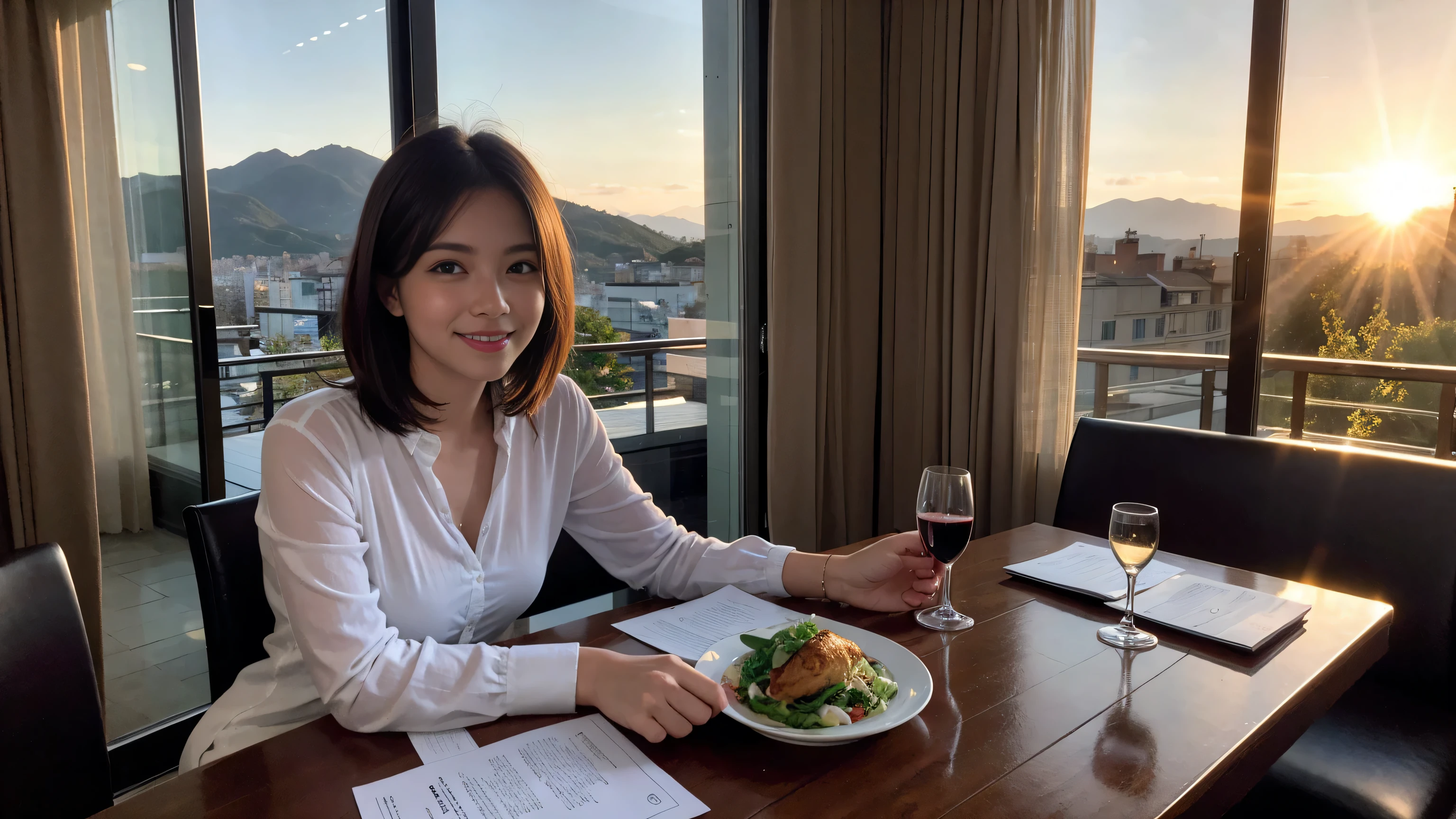 ((highest quality、8k、masterpiece:1.3))、Sharp focus:1.2、Beautiful woman perfect body:1.4、Slim body、((Bob Hale、Straight hair:1.2))、(to be born, highest quality, masterpiece:1.5), (Realistic, Intricate details:1.2), Ultra-high resolution, shine a light on your face、Spectacular view of the sunset sky and clouds、Amazing mountain views、A bright smile、wine glass、red wine 、Appetizer、Italian food、Wine bottle、Champagne、sparkling wine、, Beautiful Face, blue eyes, The light shines on your face, Blushing, short hair,Bright Face、Fox face、 (42 years old), 45 years old, Lady、Two beauties、Brown Hair、Shortcuts、Long sleeve shirt、dress、Pretty Woman 1, (slim face), (The body is slim), (Brown Hair), (Shortcuts), cheeks turn a little red,Attractive beauty、, Out of the window, A beautiful and detailed night view unfolds.........., restaurant, In a prominent place (From the waist up) Nova Frog Style, actress, model, Upper Body, White wine, slim, wine glass, A wine glass placed in the middle, smile, (smile: 1.15), Beautiful fine grain, Depth f/2,saturation, High Contrast, Strong light and shadow,Moist Body:1.5、3D texture、Delicate eyes、Brown Hair、The hair is very shiny、