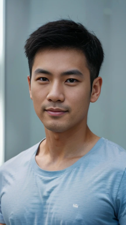 (((male))), 36 years old, Japanese, HD, True-to-life imagery, Upper body composition, The face is illuminated, Black short straight hair, Sharp eyebrows, Squinting,With a hint of cunning, Pointed nose, Thin lips smile, Wearing a light blue round-neck T-shirt,Roll up your sleeves,, Background is a modern office environment,