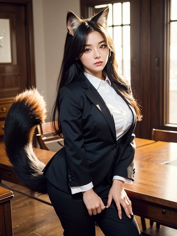 ((highest quality)), ((masterpiece)), (Get used to it), Perfect Face, Fox Girl, Beautiful woman, public, It has a tail, She has a fluffy tail, She has a fox's tail, She wags her tail, Troubled face, Collars and Leads, She is wearing a business suit, Beautiful Hips, Big tail, A tail sticking out from a business suit