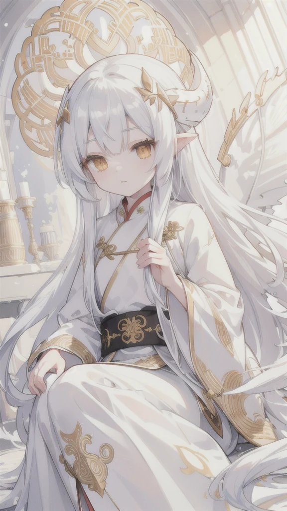 (best quality, highres, ultra-detailed:1.2), beautiful long white hair, stunning golden eyes, silver Hanfu armor, intricately designed white folding fan, white dragon horns, ethereal lighting, soft color palette