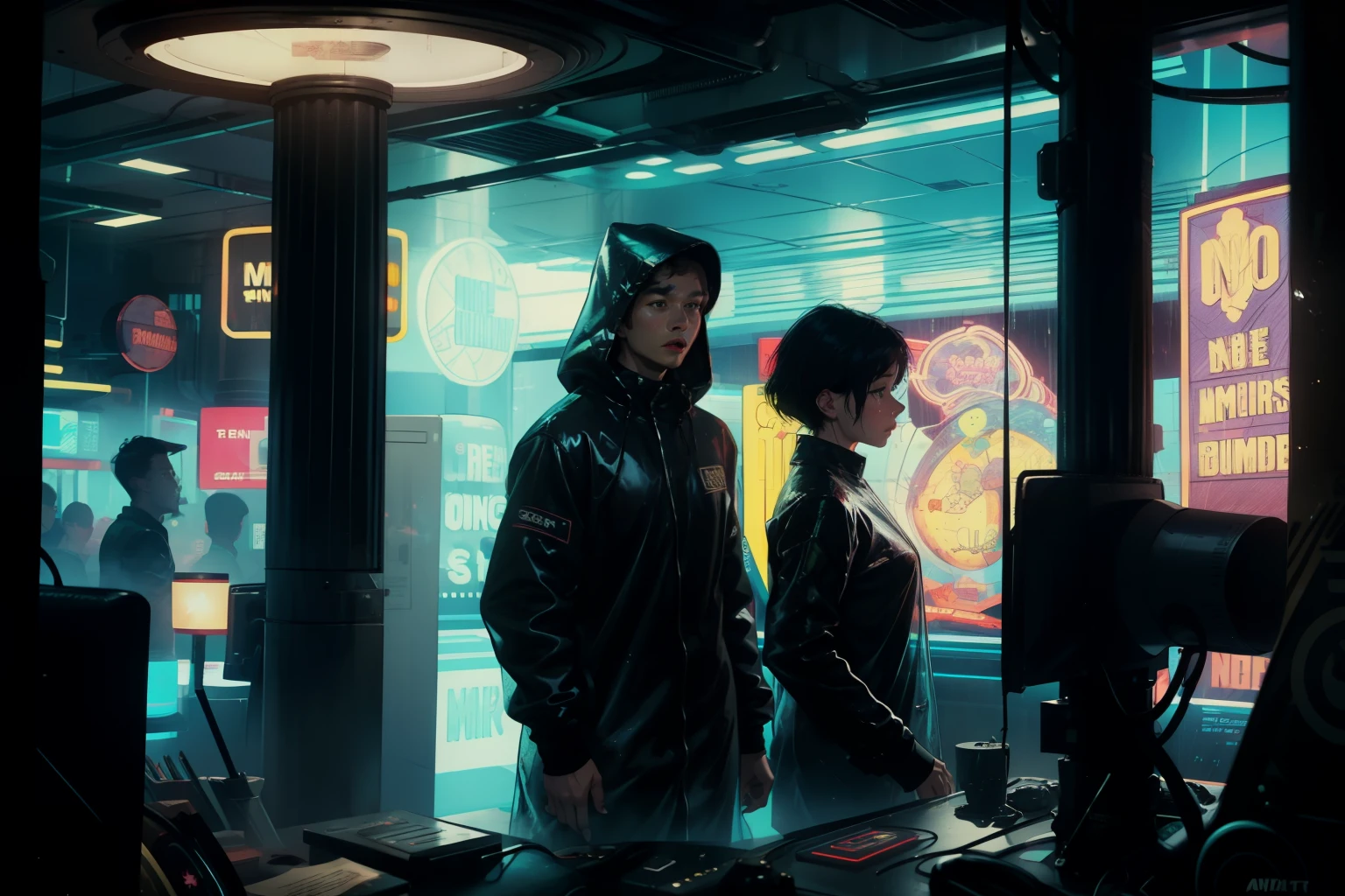 ((highest quality)), ((masterpiece)), (be familiar with), (High definition), (Accurate), (Realistic), (Cinematic), (Best Shadow), (Low contrast), (8K), Perfect Face, ((SYD MEAD style)), manga、mangaデザイン、Storyboard、Panel layout、(Woman looking at a large monitor), (Replicant), (Replicant), ((Black Hair, very short hair, Blue Eyes)), (Black hooded raincoat), (The monitor shows an image of myself)、Glittering neon signs、congestion, congestion, Decadent Future City, NEO TOKYO, A.D.2051, (steam:1.2), It's raining white, evening,