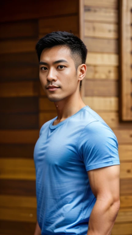 (((male))), 36 years old, Japanese, HD, True-to-life imagery, Upper body composition, The face is illuminated, Black short straight hair, Sharp eyebrows, Squinting,With a hint of cunning, Pointed nose, Thin lips smile, Wearing a light blue round-neck T-shirt,Roll up your sleeves,, Background is a modern office environment,