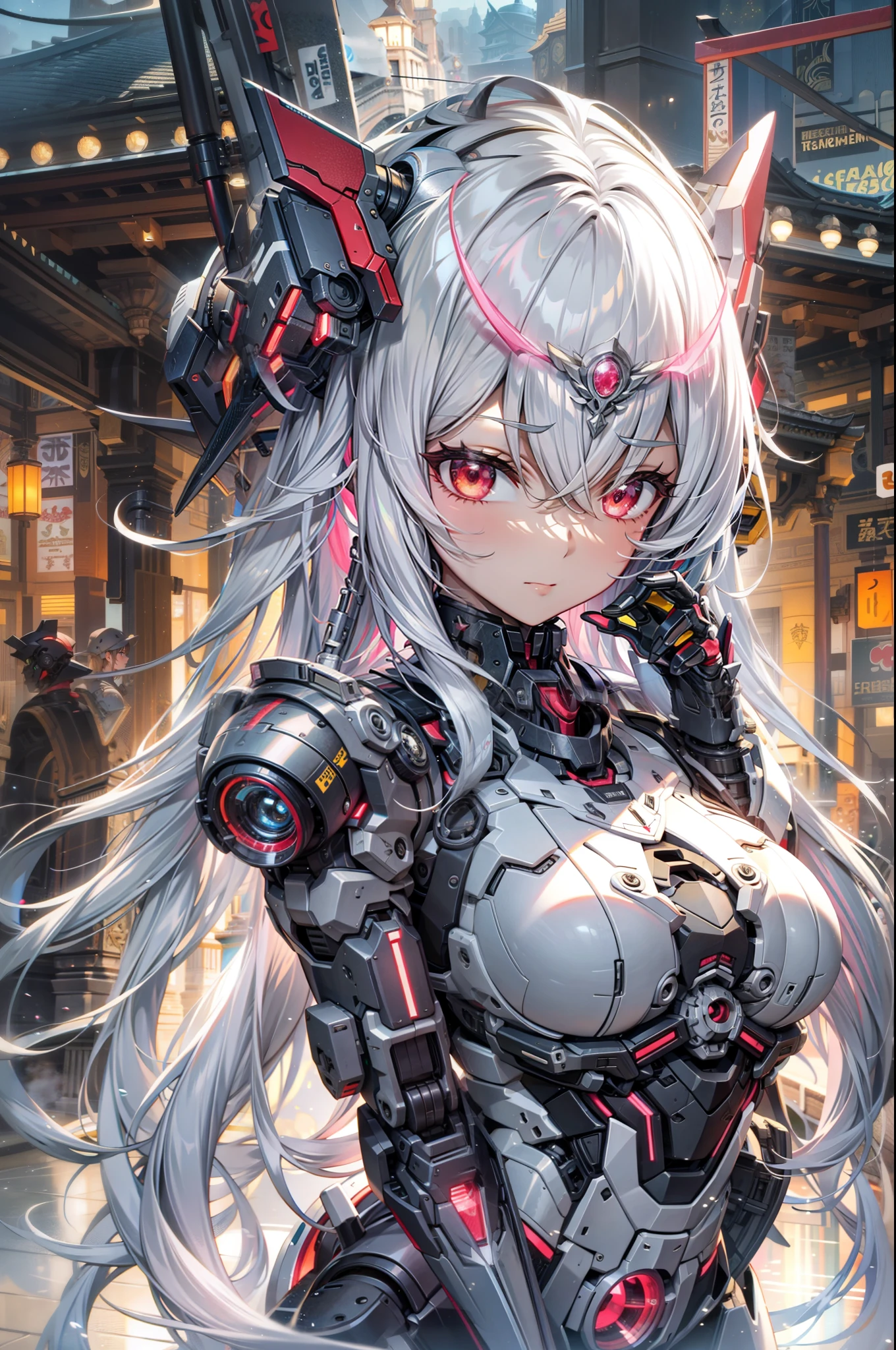 masterpiece,best quality,ultra-detailed,very detailed illustrations,extremely detailed,intricate details,highres,super complex details,extremely detailed 8k cg wallpaper,cowboy shot, caustics,reflection,ray tracing,demontheme,nebula,dark aura,cyber effect, (1girl:1.4),solo,alone,mecha musume,mechanical parts, robot joints,single mechanical arm, headgear, mechanical halo,star halo,intricate mechanical bodysuit, mecha corset, full armor, very long hair,white hair, hair between eyes, multicolored hair, colored inner hair, red eyes,glowing eye,eye trail, random expressions,random action, ancient japanese architecture,pond, starry sky,skyline,