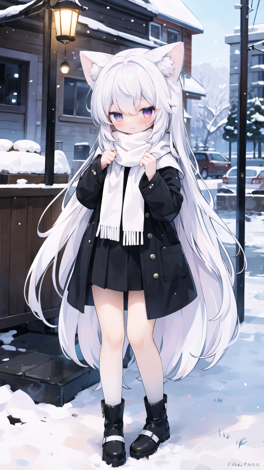masterpiece,best quality,high quality,colorful,1girl,loli,full_body,white hair,very_long_hair,animal_ears,red_eyes,blushing,white_breath_from_mouth,mouth_open,looking_away,red_scarf,winter_coat,black_thighhighs,street,tree,lamp,holding_letter,