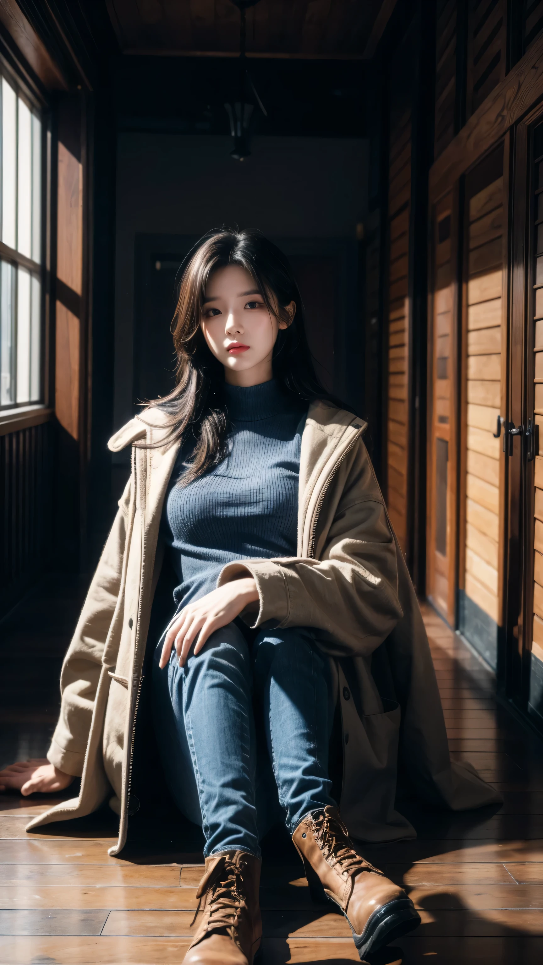 ((Suspense scenes ((concept art)), Detail of a girl wearing blue jeans, and brown coat and boots.)), (Better lighting, Better shadows, Extremely subtle and terrifying), (Digital illustration), ((4K )), [(Dynamic Angle,((1 Girl)),white hair, (Pretty Face, Perfect face, scared,) Expression of fear, Clothes are torn, With a gun in hand, Sitting on the floor, darkness, House of Horrors),  [:(dark, mystery, Game Paint, Harsh environment, Zigzag corridor, big house, Dead):]