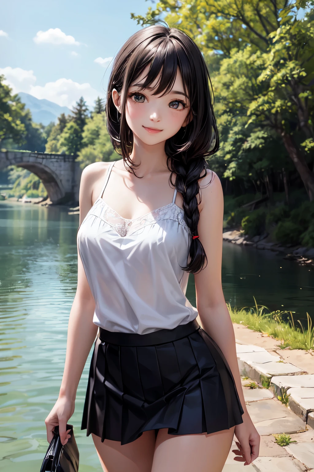 very cute and beautiful girl,(highly detailed beautiful face), white camisole,standing under big tree,cowboy shot BREAK (smile),happy,looking at viewer,(pleated blue mini skirt:1.15),skirt lift,laced white panties, countryside,narrow river side,bridge,trees,summer,detailed landscape,black hair,twin braid, (best quality,masterpiece:1.0),absurdres,highres,ultra-detailed,extremely detailed,32k,8k resolution, intricate details,cinematic scene,detailed background,solo,dynamic angle,