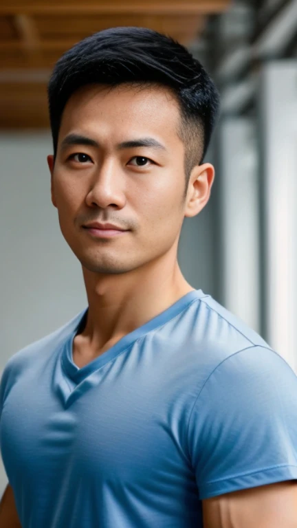 (((male))), 36 years old, Japanese, HD, True-to-life imagery, Upper body composition, The face is illuminated, Black short straight hair, Sharp eyebrows, Squinting，With a hint of cunning, Pointed nose, Thin lips smile, Wearing a light blue round-neck T-shirt，Roll up your sleeves,, Background is a modern office environment, 
