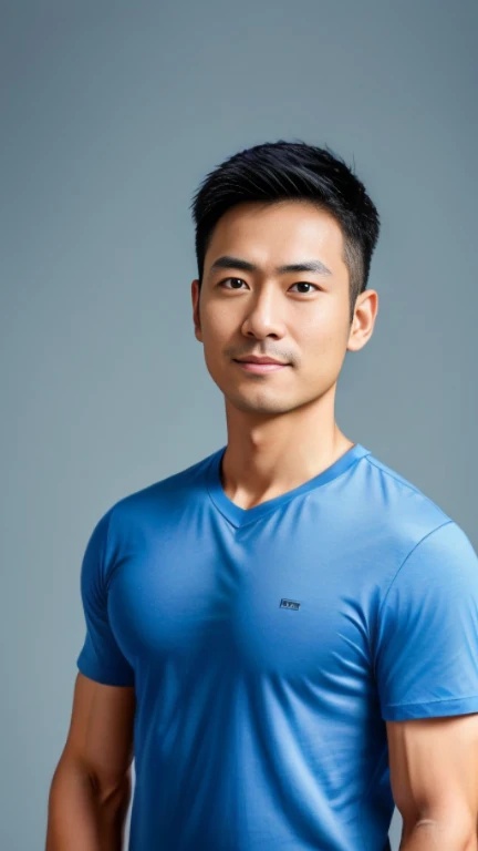(((male))), 36 years old, Japanese, HD, True-to-life imagery, Upper body composition, The face is illuminated, Black short straight hair, Sharp eyebrows, Squinting,With a hint of cunning, Pointed nose, Thin lips smile, Wearing a light blue round-neck T-shirt,Roll up your sleeves,, Background is a modern office environment,