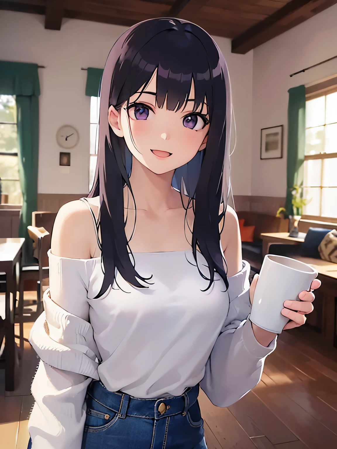 holding a mug in both hands、smile, open mouth, Upper Body, Realistic, real person, (pale skin: 1.2), shiny skin, shiny hair、(A 30-year-old woman with straight hair and bangs) and (medium hair) and (black hair) and (purple eyes) , (white:1.5) and (Off-the-shoulder blouse) and (long sleeve)、Are standing、The background is the living room、Alone、