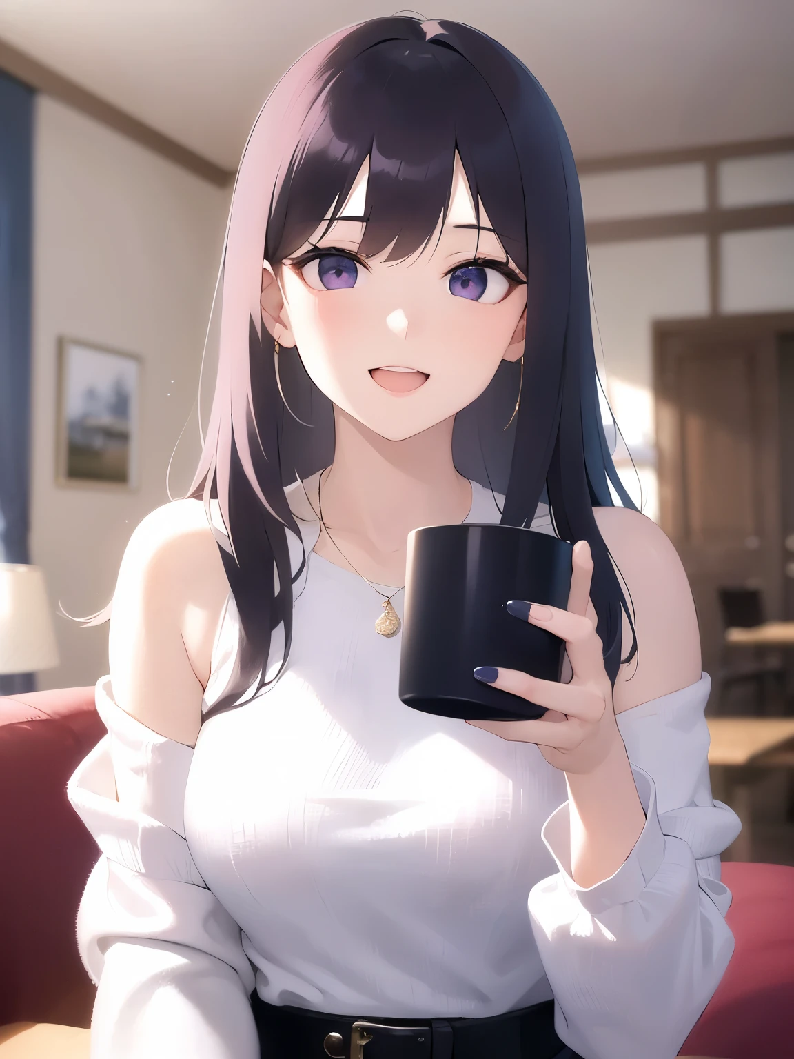 holding a mug in both hands、smile, open mouth, Upper Body, Realistic, real person, (pale skin: 1.2), shiny skin, shiny hair、(A 30-year-old woman with straight hair and bangs) and (medium hair) and (black hair) and (purple eyes) , (white:1.5) and (Off-the-shoulder blouse) and (long sleeve)、Are standing、The background is the living room、Alone、