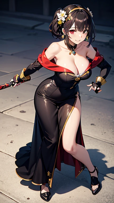 yor briar, anime style beutiful woman, 1girl,full body, happy, smile, red face, closed mouth, beautiful detailed eyes, super detailed skin, backlighting, bare shoulders, black background, black dress, black gloves, black hair, breasts, dress, earrings, fingerless gloves, floating hair, floral print, flower, gloves, gold earrings, gold hairband, hair flower, hair ornament, hairband, holding, holding weapon, jewelry, large breasts, long hair, looking at viewer, off-shoulder dress, off shoulder,red eyes, short hair with long locks, sidelocks, solo, spikes, thighs, two-sided dress, two-sided fabric, weapon, fighting stance , face, close up, from above, highest quality, high resolution.