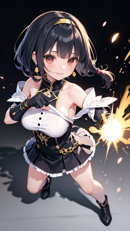 yor briar, anime style beutiful woman, 1girl,full body, happy, smile, red face, closed mouth, beautiful detailed eyes, super detailed skin, backlighting, bare shoulders, black background, black dress, black gloves, black hair, breasts, dress, earrings, fingerless gloves, floating hair, floral print, flower, gloves, gold earrings, gold hairband, hair flower, hair ornament, hairband, holding, holding weapon, jewelry, large breasts, long hair, looking at viewer, off-shoulder dress, off shoulder,red eyes, short hair with long locks, sidelocks, solo, spikes, thighs, two-sided dress, two-sided fabric, weapon, fighting stance , face, close up, from above, highest quality, high resolution.