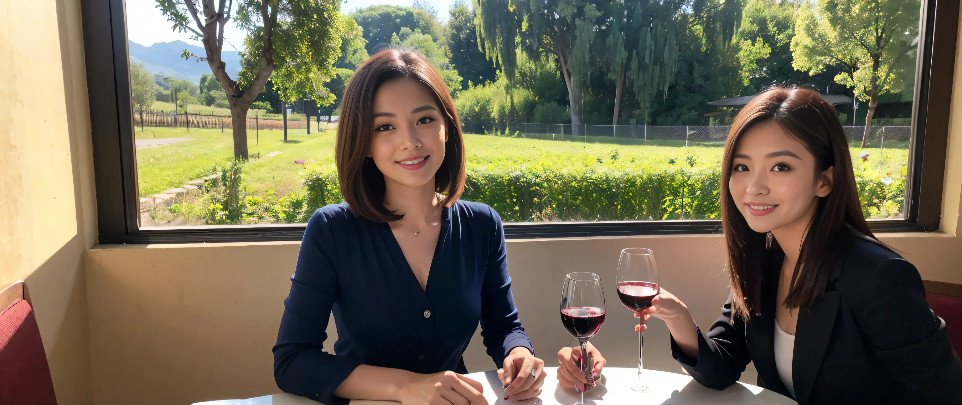((highest quality、8k、masterpiece:1.3))、Sharp focus:1.2、Beautiful woman perfect body:1.4、Slim body、((Bob Hale、Straight hair:1.2))、(to be born, highest quality, masterpiece:1.5), (Realistic, Intricate details:1.2), Ultra-high resolution, shine a light on your face、Spectacular view of the sunset sky and clouds、Amazing mountain views、A bright smile、wine glass、red wine 、Appetizer、Italian food、Wine bottle、Champagne、sparkling wine、, Beautiful Face, blue eyes, The light shines on your face, Blushing, short hair,Bright Face、Fox face、 (42 years old), 45 years old, Lady、Two beauties、Brown Hair、Shortcuts、Long sleeve shirt、dress、Pretty Woman 1, (slim face), (The body is slim), (Brown Hair), (Shortcuts), cheeks turn a little red,Attractive beauty、, Out of the window, A beautiful and detailed night view unfolds.........., restaurant, In a prominent place (From the waist up) Nova Frog Style, actress, model, Upper Body, White wine, slim, wine glass, A wine glass placed in the middle, smile, (smile: 1.15), Beautiful fine grain, Depth f/2,saturation, High Contrast, Strong light and shadow,Moist Body:1.5、3D texture、Delicate eyes、Brown Hair、The hair is very shiny、