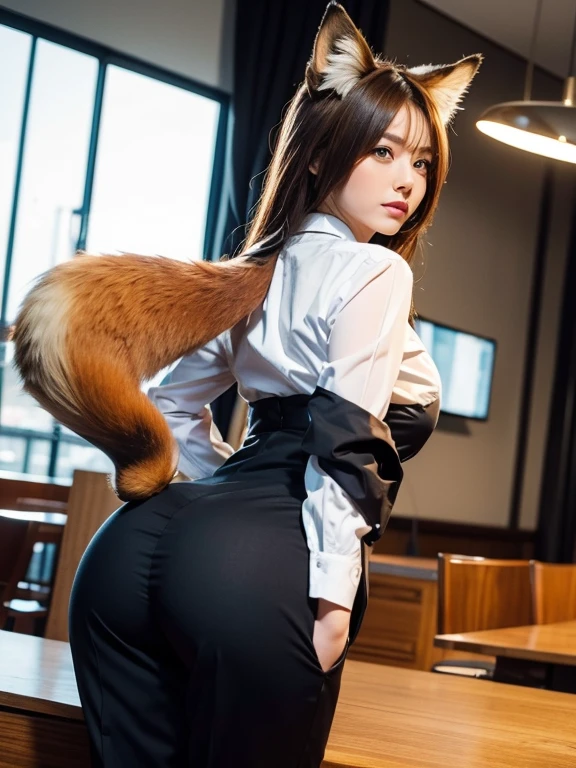 ((Highest quality, 32k)), ((masterpiece)), (Familiar), Perfect Face, Fox Girl, Pretty girl, Office Lady, indoor, Has one tail, She has a northern fox tail, She stretches out her fluffy tail, Beautiful hip line, Thick thighs, She is wearing a business suit, stick your buttocks out to the front, A large tail sticks out, Waving his tail happily, She only has one tail, Smiling Kindly
