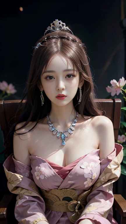 Portrait of a 21 year old saint,Charming Adult saint in a long dress made of thin silk, beautiful saint with an old face, Adult, She is wearing a bright pink colorful dress:1.5, beautiful face without blemishes, ((Hair length, 7 colors:1.2)), large crown, Hair brooch, Hanfu Dress, chinese ancient style, Full Body Jewelry, 額のtattoo, faceのtattoo,Very even breasts, face, innocent face, The most beautiful and delicate pale pink lipstick, ((Thin and plump lips:0.3)), ((Golden Eyes Color:0.6)), Detailed and subtle lighting effects, Light and Darkness, Dramatic lighting, Magic Light, Highly detailed light, Natural Color, Ultra Sharp, Realistic, 8K quality, Fantasy space background, A space of saints and magic, The most detailed image, ((alone:0.3)), ((to the saints:0.6)), ((saintを真っ直ぐ見つめる'Upper Body:0.4)), ((Smooth skin:0.5)), ((saint'Veil:0.6)),tattoo , フェイスtattoo,Oiran , Clothing made from jewels , cherry blossoms , 🌸 , grassland , Close your eyes and sleep on the chair..:1.5