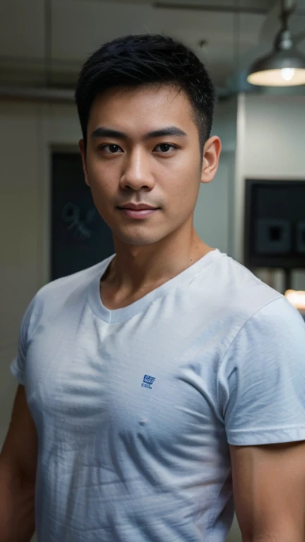 (((male))), 36 years old, Japanese, HD, True-to-life imagery, Upper body composition, The face is illuminated, Black short straight hair, Sharp eyebrows, Squinting,With a hint of cunning, Pointed nose, Thin lips smile, Wearing a light blue round-neck T-shirt,Roll up your sleeves,, Background is a modern office environment,