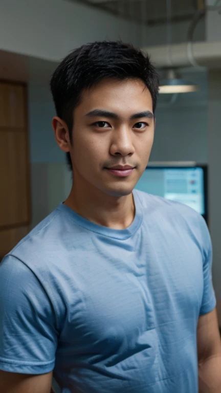 (((male))), 36 years old, Japanese, HD, True-to-life imagery, Upper body composition, The face is illuminated, Black short straight hair, Sharp eyebrows, Squinting，With a hint of cunning, Pointed nose, Thin lips smile, Wearing a light blue round-neck T-shirt，Roll up your sleeves,, Background is a modern office environment, 