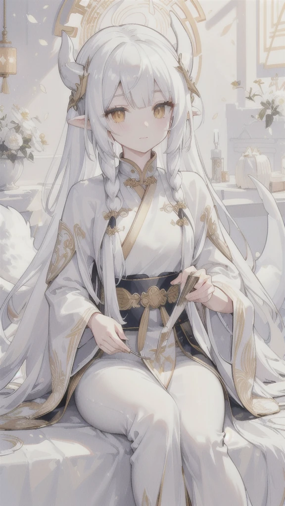 (best quality, highres, ultra-detailed:1.2), beautiful long white hair, stunning golden eyes, silver Hanfu armor, intricately designed white folding fan, white dragon horns, ethereal lighting, soft color palette