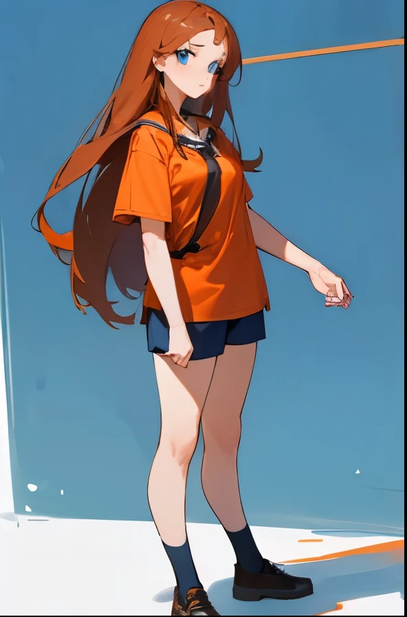 • a female teacher,
-description:
>Long hed hair,
>Blue eyes,
>1,60 cm tall,
>32years old,
-wearing:
>Orange shirt,
>bown shorts,
>black shoes and white socks.
-image background:
>school building,
>in the background,