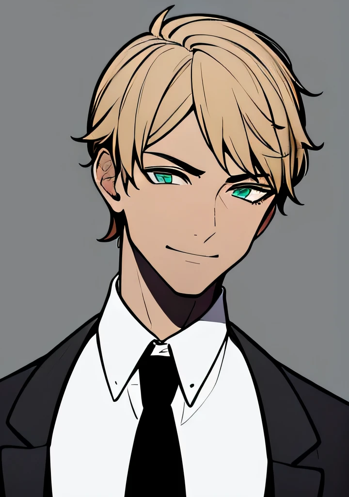 One young Adult male, dark tanned skin, handsome, dirty blonde short hair, green eyes, confident yet kind expression, smug smile, wearing white collared shirt and black jacket, portrait style, facing forwards, plain grey background