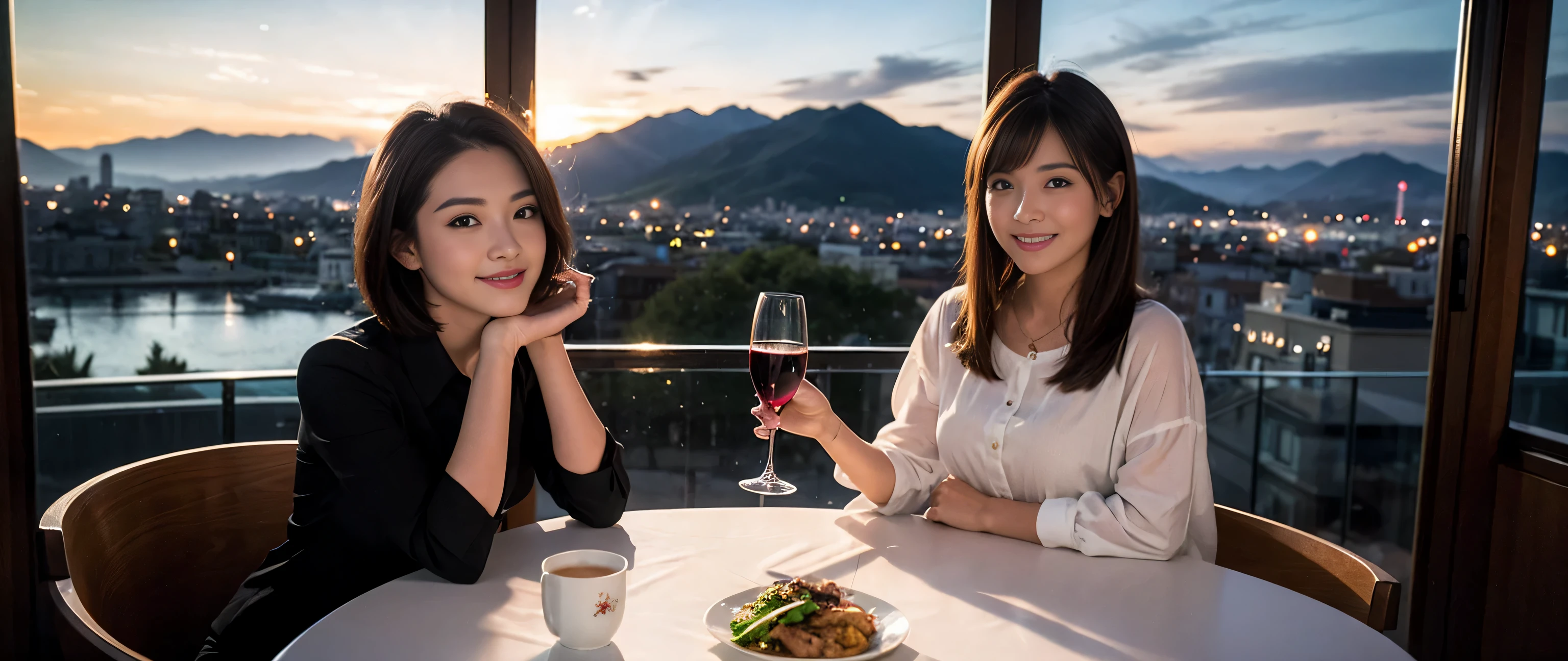 ((highest quality、8k、masterpiece:1.3))、Sharp focus:1.2、Beautiful woman perfect body:1.4、Slim body、((Bob Hale、Straight hair:1.2))、(to be born, highest quality, masterpiece:1.5), (Realistic, Intricate details:1.2), Ultra-high resolution, shine a light on your face、Spectacular view of the sunset sky and clouds、Amazing mountain views、A bright smile、wine glass、red wine 、Appetizer、Italian food、Wine bottle、Champagne、sparkling wine、, Beautiful Face, blue eyes, The light shines on your face, Blushing, short hair,Bright Face、Fox face、 (36 years old), 39 years old, Lady、Two beauties、Brown Hair、Shortcuts、Long sleeve shirt、dress、Pretty Woman 1, (slim face), (The body is slim), (Brown Hair), (Shortcuts), cheeks turn a little red,Attractive beauty、, Out of the window, A beautiful and detailed night view unfolds.........., restaurant, In a prominent place (From the waist up) Nova Frog Style, actress, model, Upper Body, White wine, slim, wine glass, A wine glass placed in the middle, smile, (smile: 1.15), Beautiful fine grain, Depth f/2,saturation, High Contrast, Strong light and shadow,Moist Body:1.5、3D texture、Delicate eyes、Brown Hair、The hair is very shiny、