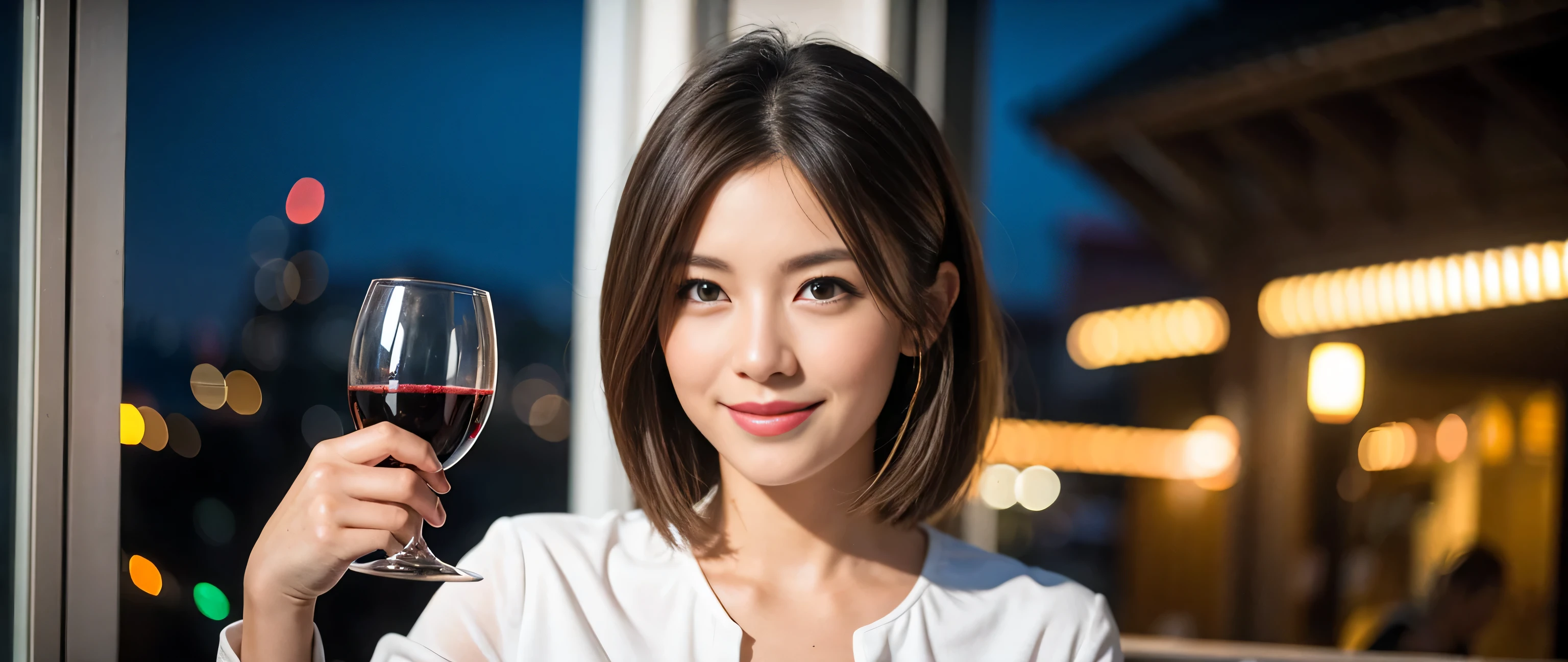 ((highest quality、8k、masterpiece:1.3))、Sharp focus:1.2、Beautiful woman perfect body:1.4、Slim body、((Bob Hale、Straight hair:1.2))、(to be born, highest quality, masterpiece:1.5), (Realistic, Intricate details:1.2), Ultra-high resolution, shine a light on your face、Spectacular view of the sunset sky and clouds、Amazing mountain views、A bright smile、wine glass、red wine 、Appetizer、Italian food、Wine bottle、Champagne、sparkling wine、, Beautiful Face, blue eyes, The light shines on your face, Blushing, short hair,Bright Face、Fox face、 (36 years old), 39 years old, Lady、Two beauties、Brown Hair、Shortcuts、Long sleeve shirt、dress、Pretty Woman 1, (slim face), (The body is slim), (Brown Hair), (Shortcuts), cheeks turn a little red,Attractive beauty、, Out of the window, A beautiful and detailed night view unfolds.........., restaurant, In a prominent place (From the waist up) Nova Frog Style, actress, model, Upper Body, White wine, slim, wine glass, A wine glass placed in the middle, smile, (smile: 1.15), Beautiful fine grain, Depth f/2,saturation, High Contrast, Strong light and shadow,Moist Body:1.5、3D texture、Delicate eyes、Brown Hair、The hair is very shiny、