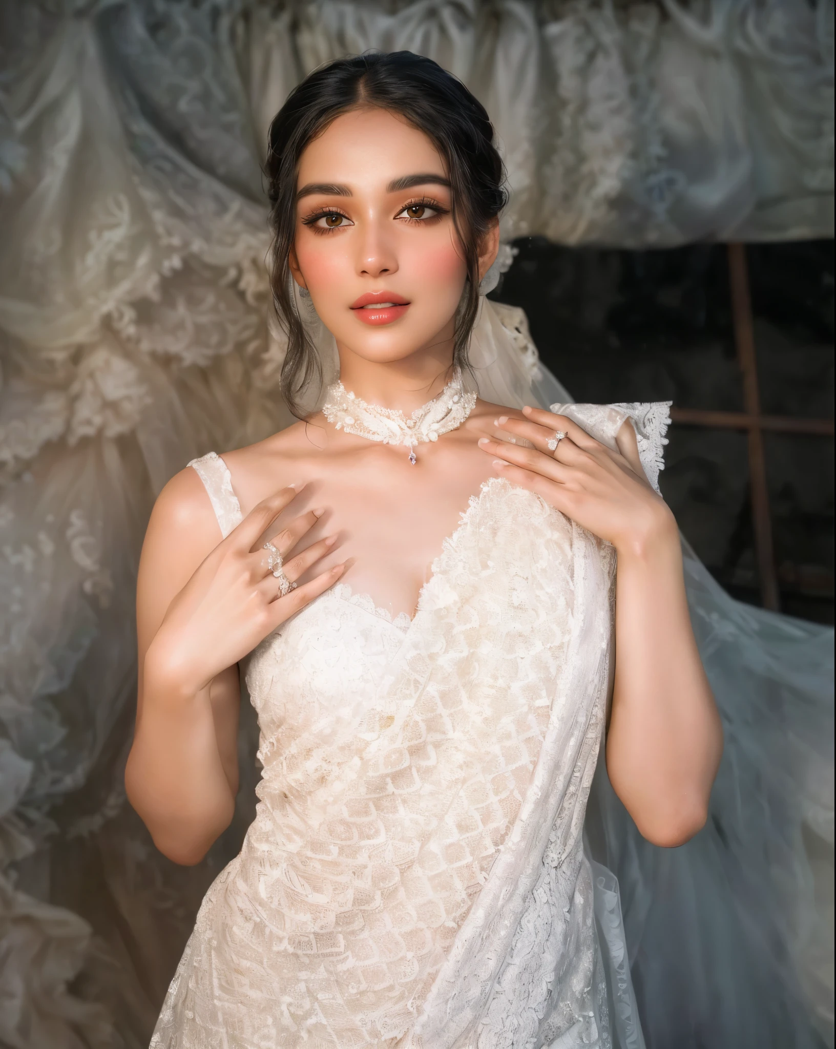 a close up of a woman in a white dress posing for a picture, dressed in white intricate lace, captivating and enticing, inspired by T. K. Padmini, inspired by Antonín Chittussi, intricate and detailed lace set, indian super model, veils and jewels, 🤬 🤮 💕 🎀, photo of a hand jewellery model, white lace clothing