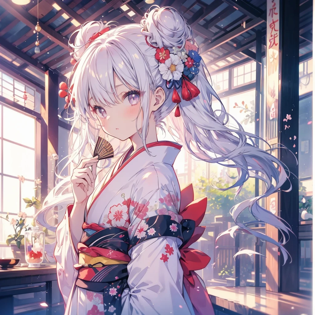 1 girl in, jpn, kimono, Have a fan, Bun, Beautiful fece, delicate, kawaii, A white-haired, Slender eyes, ((head to waist)), Masterpiece, top-quality, An ultra-high picture quality