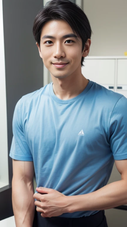 (((male))), 36 years old, Japanese, HD, True-to-life imagery, Upper body composition, The face is illuminated, Black short straight hair, Sharp eyebrows, Squinting，With a hint of cunning, Pointed nose, Thin lips smile, Wearing a light blue round-neck T-shirt，Roll up your sleeves,, Background is a modern office environment, 