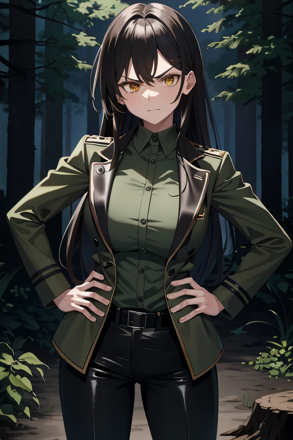 (masterpiece of anger), (maximum intensity), Gwendolyn\_Tennyson\_alterego, 1woman, solo, black pants, long sleeves, standing, campfire, dark and harsh lighting, hand on hip, looking directly at the viewer, middle finger raised, head tilted, smirking.
Two women in military uniforms, having a heated argument, photograph in front, green and brown camouflage.
((top quality)), (intricate detail), handsome face, girl in the forest, in leather skirt and jacket, anime, night scene, tree trunk leaning, curves and muscles, big breasts and broad shoulders, angry expression.