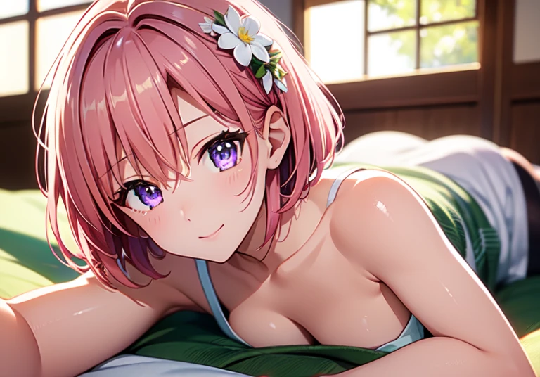 masterpiece,highest quality,Super detailed,8k,
Zhou Xianguang,Realistic Skin,Glowing Skin,、break、
（solo, 1girl, pink hair, purple eyes, short hair, hair flower）、naked towel、see through、break、
pregnant、（top-down bottom-up）、（the body is very wet：1.5）、A refreshing smile、Emphasizing the cleavage、
Fantastic night sky、futon