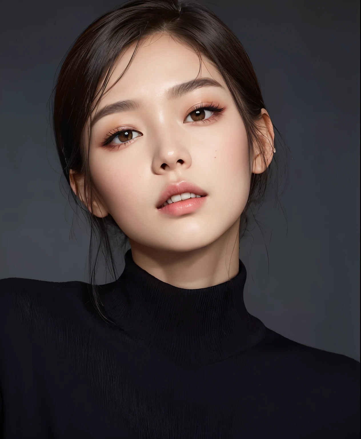 Close-up of a woman wearing a black turtleneck sweater., Beautiful young Korean woman, Beautiful young Korean woman, Young charming Korean face, beautiful south korean woman, Beautiful Chinese model., popular korean makeup, Young cute pale asian face, Popular South Korean makeup, tomorrow brother Tran, asian beautiful face, Blackpink Jennie, honghwa chwe