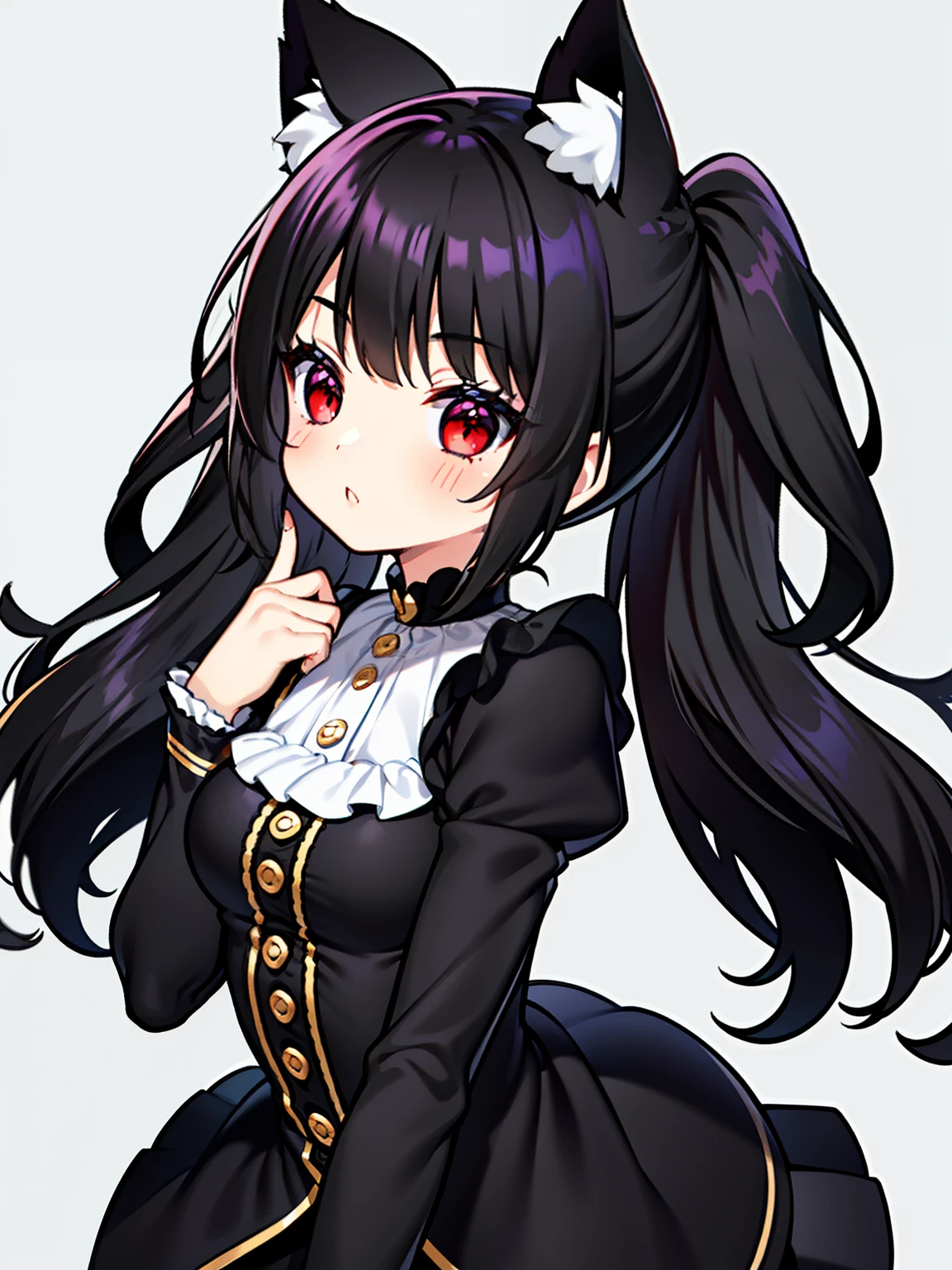 {{mejor calidad}}, {{Obra maestra}}, {{ultra detallado}}, {illustration}, {luz detallada}, long hair slightly wavy slightly past the shoulders, black bangs, small black pigtails on the sides, cute cat ears, beautiful thin red eyes,,mucama, pelo largo, mangas largas, Gothic, solo, ,,lindo