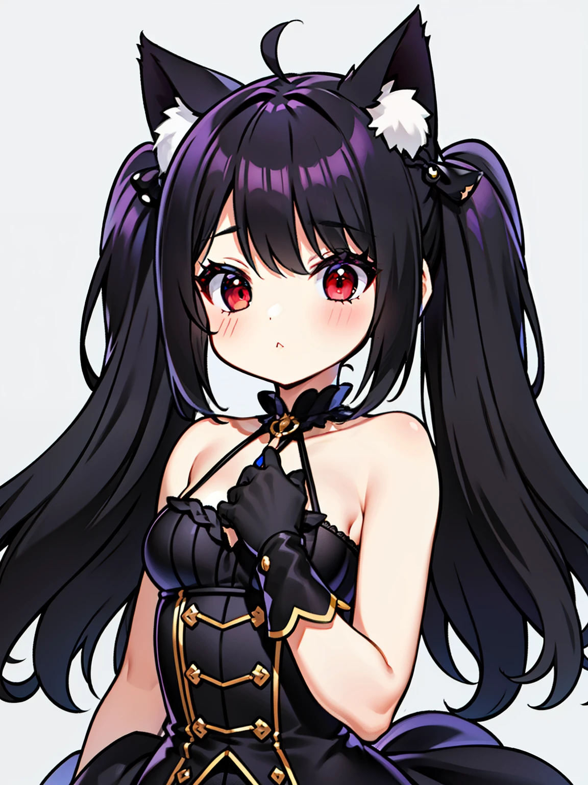 {{mejor calidad}}, {{Obra maestra}}, {{ultra detallado}}, {illustration}, {luz detallada}, long hair slightly wavy slightly past the shoulders, black bangs, small black pigtails on the sides, cute cat ears, beautiful thin red eyes,,mucama, pelo largo, mangas largas, Gothic, solo, ,,lindo