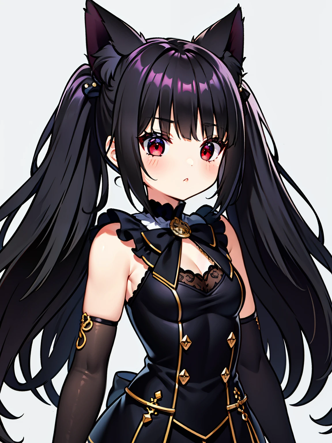 {{mejor calidad}}, {{Obra maestra}}, {{ultra detallado}}, {illustration}, {luz detallada}, long hair slightly wavy slightly past the shoulders, black bangs, small black pigtails on the sides, cute cat ears, beautiful thin red eyes,,mucama, pelo largo, mangas largas, Gothic, solo, ,,lindo