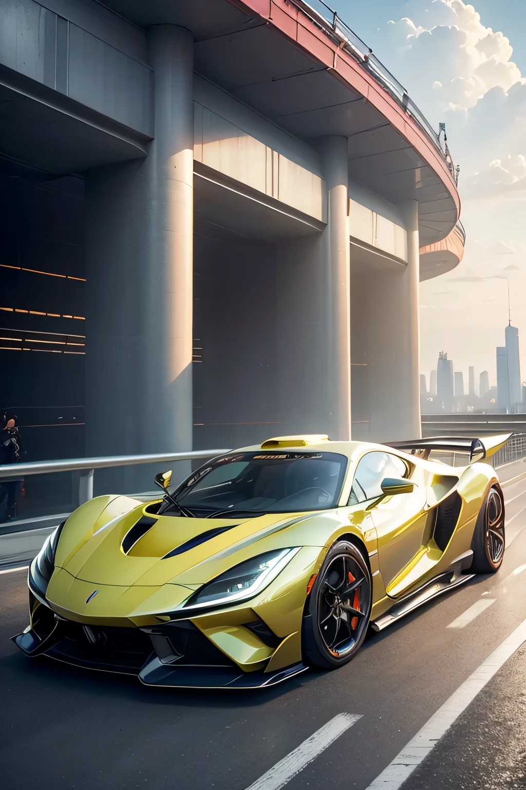 Super bright and modern metallic-vermillion racing car is running on the expressway,
City of high transportation technology complex, skyscrapers , and towers,
Good green environmental atmosphere,
Morning sunlight with blue sky and white cloud
