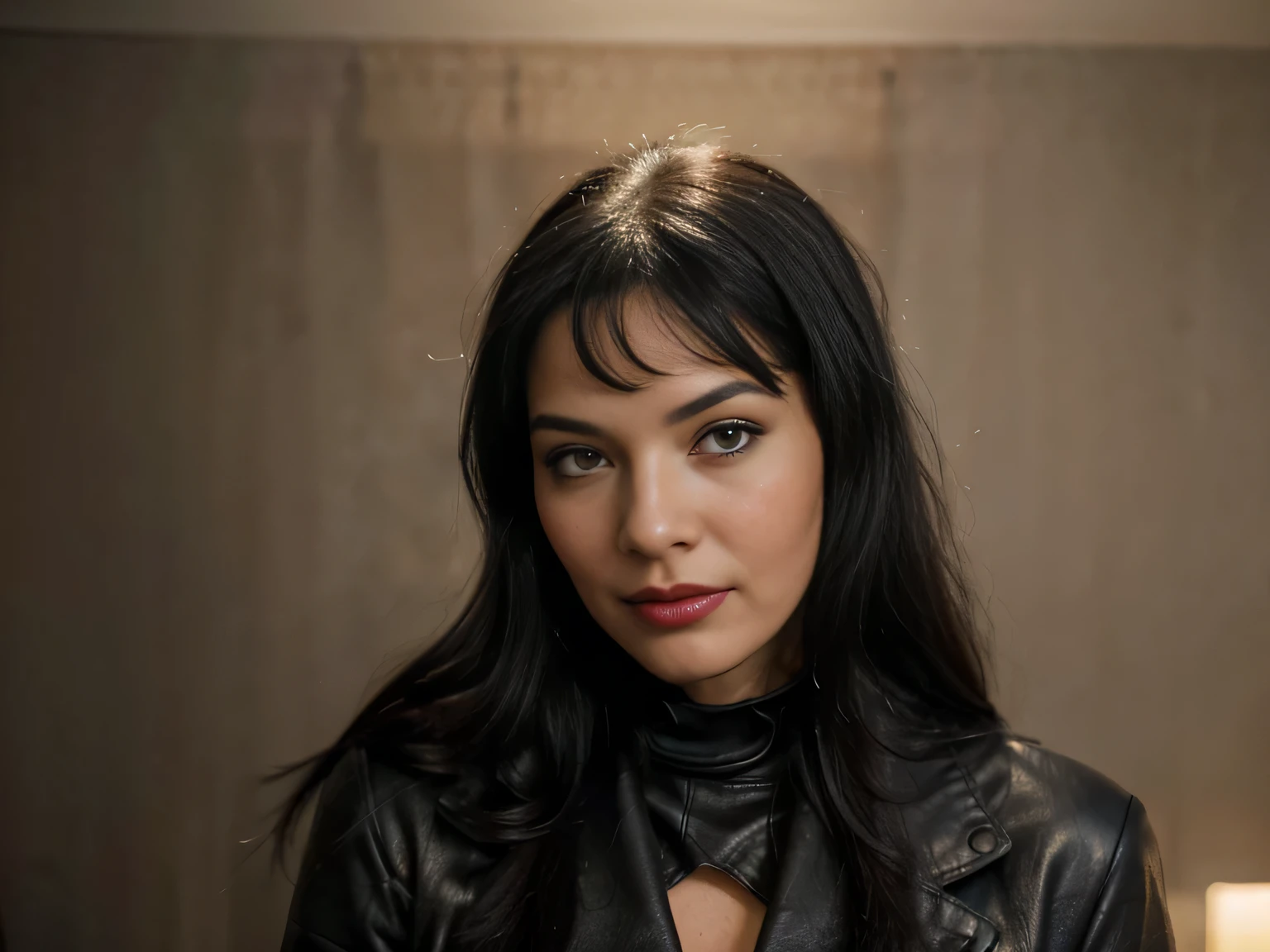 proFessional portrait photograph oF a gorgeous smiling woman,Bettie page girl in winter clothing ,ponytail Black hair, red lipstick,black long maxi-skirt(black long maxi-skirt:1.2),sultry Flirty look, gorgeous symmetrical Face, joli maquillage naturel, wearing elegant warm winter Fashion clothing,flirting with the camera, ((black leather gloves)),  (standing in front of me in my dark hotel room waitin for love )), ultra realistic, art conceptuel, elegant, Very detailed, complexe, sharp Focus, depth oF Field, F/1. 8, 85mm, (((proFessionally color graded))), bright soFt diFFused light, (volumetric Fog), tendance sur Instagram, hdr 4k, 8K, (((close up face photo)))