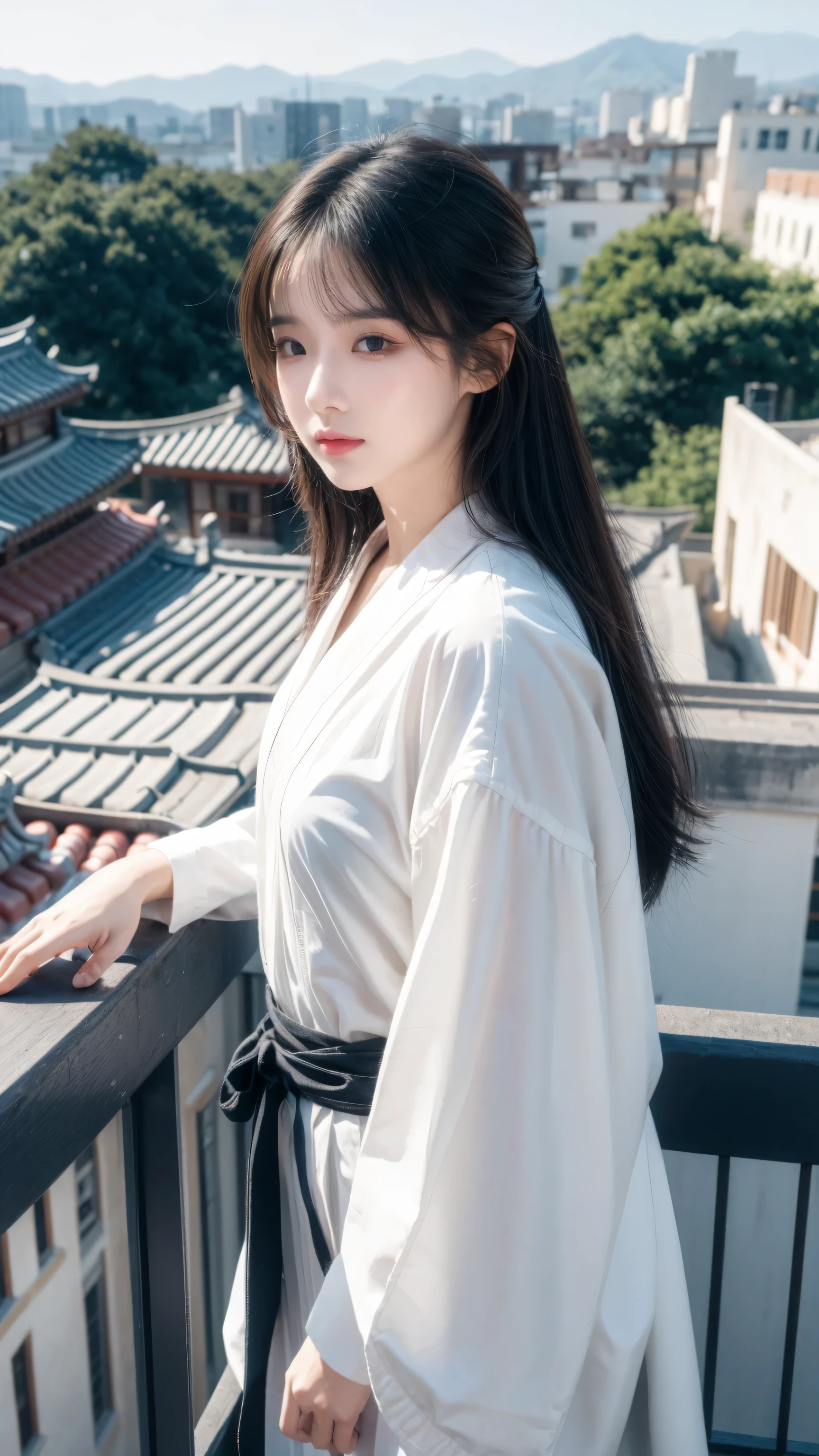 ((Best quality, 8K, Masterpiece :1.3)), Sharp focus:1.2 ， Photorealsitic，(Cinematic lighting)，Facial detail texture. Eye details. Double eyelids, Slender body. Super small breasts, 12-year-old girl, photo-realistic:1.37，Perfect eyes, ((1 girl in a white yukata))，（white sash），(Thick fabric)，((Ragged linen)),Female prisoners，With a petite figure，brunette color hair，Long hair draped loosely，Qi bangs，Hands tied behind his back，standing with legs apart，short- sleeved，Exposing thighs，Full body like，Clothing covers the whole body，folds，((solid color backdrop))，is shy，Be red in the face，weeping，streaming tears，Get wet