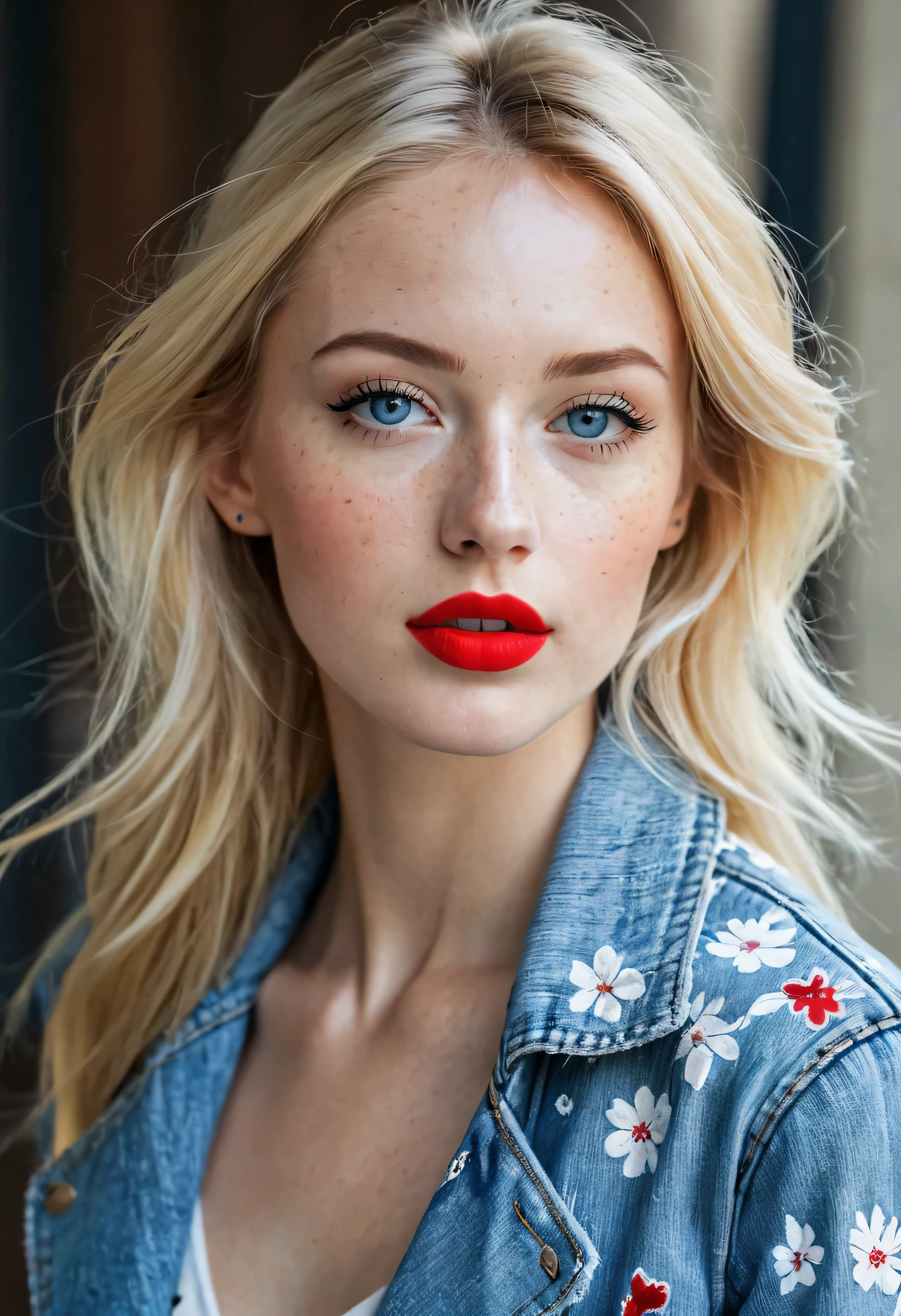 beautiful skinny girl, long face and thin chin, freckles, blonde, Blue eyes, Red lipstick, beautiful make-up, White skin, beautiful top with a pattern, denim shorts,beautiful denim coat, white cotton shoes, sexy style