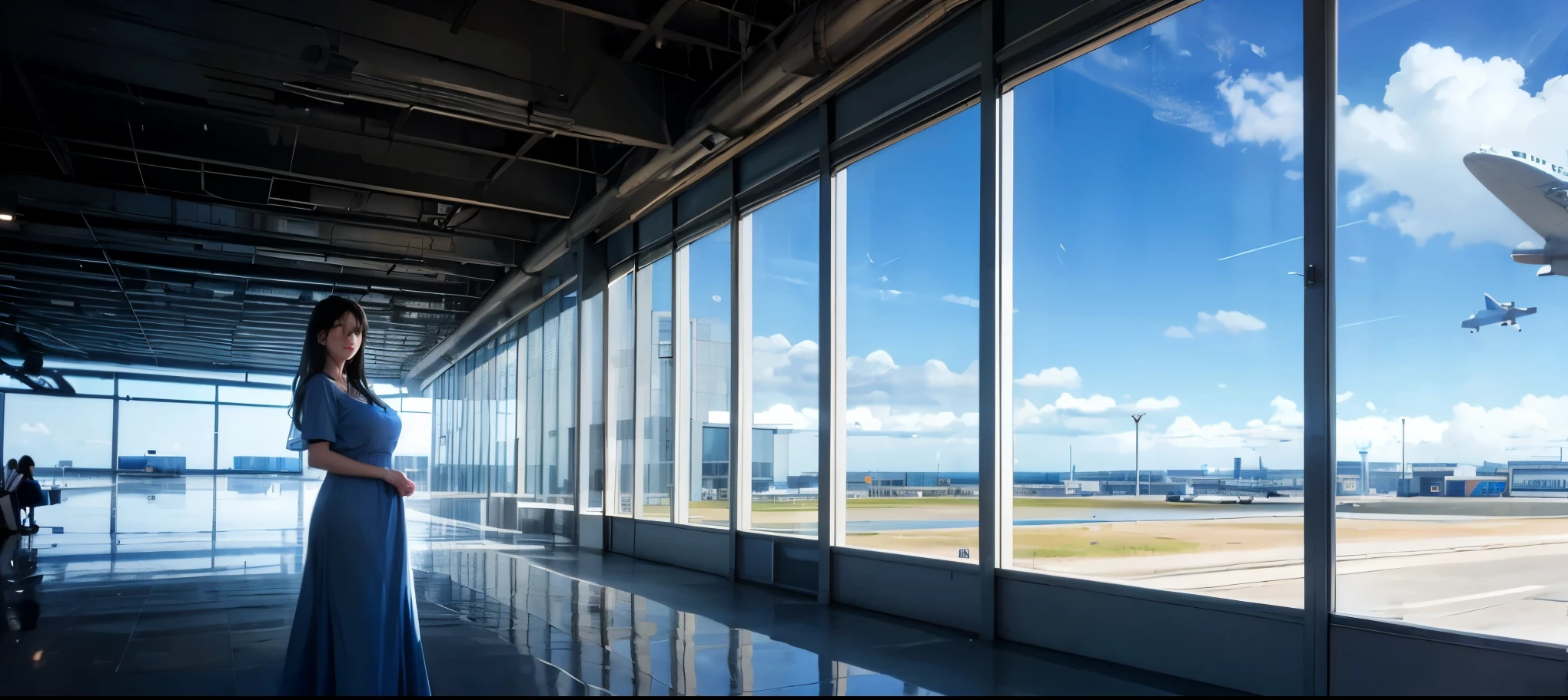 Large airport、Large glass windows、超long shot、Blue dress、White clouds and blue sky、Inside the airport、woman、((Backlight、Light and Dark, shadow)), Short black hair、Detailed people、Detailed Background、Detailed face),(Background and character ratio:0.8)、Image of a huge aquarium tank